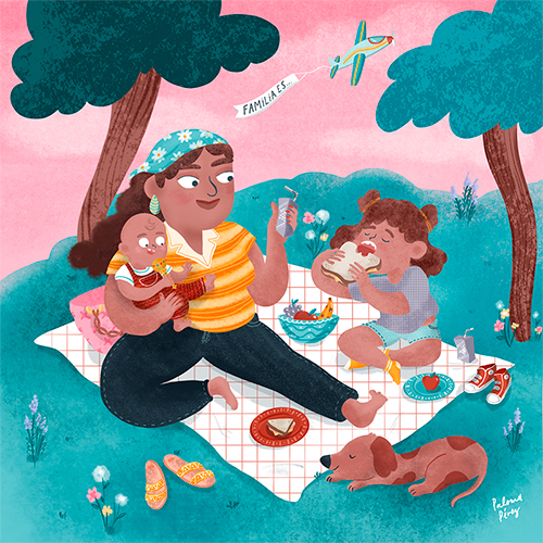 Ilustración para Familia es...(2022) de vadecuentos, de una familia formada por una madre latina, su hija comiendo un sandwich y su bebé haciendo un picnic en el parque, junto a un perrito que duerme.